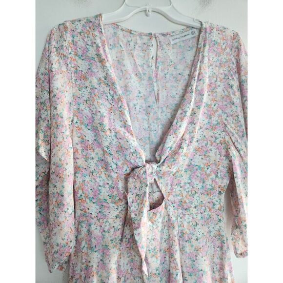 Faithful the Brand "Massimo" Pink Floral Tie Front Flare Sleeve Midi Dress sz 4 - Picture 3 of 11